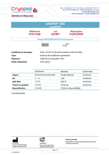 Certificat d'analyses pNAPEP-1266 Substrat Chromogène de la kallikréine glandulaire